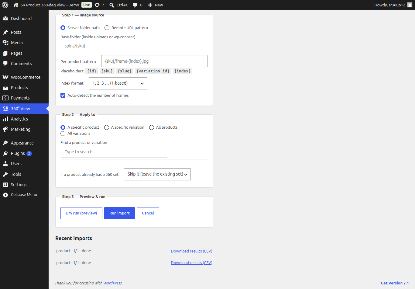 The Bulk Import tab: image source with a per-product pattern, apply-to options, and the Dry run and Run import buttons