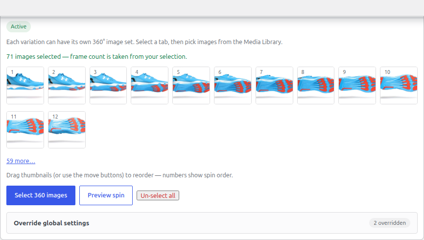 The Product 360 View box on a product edit screen, with numbered frames ready to reorder