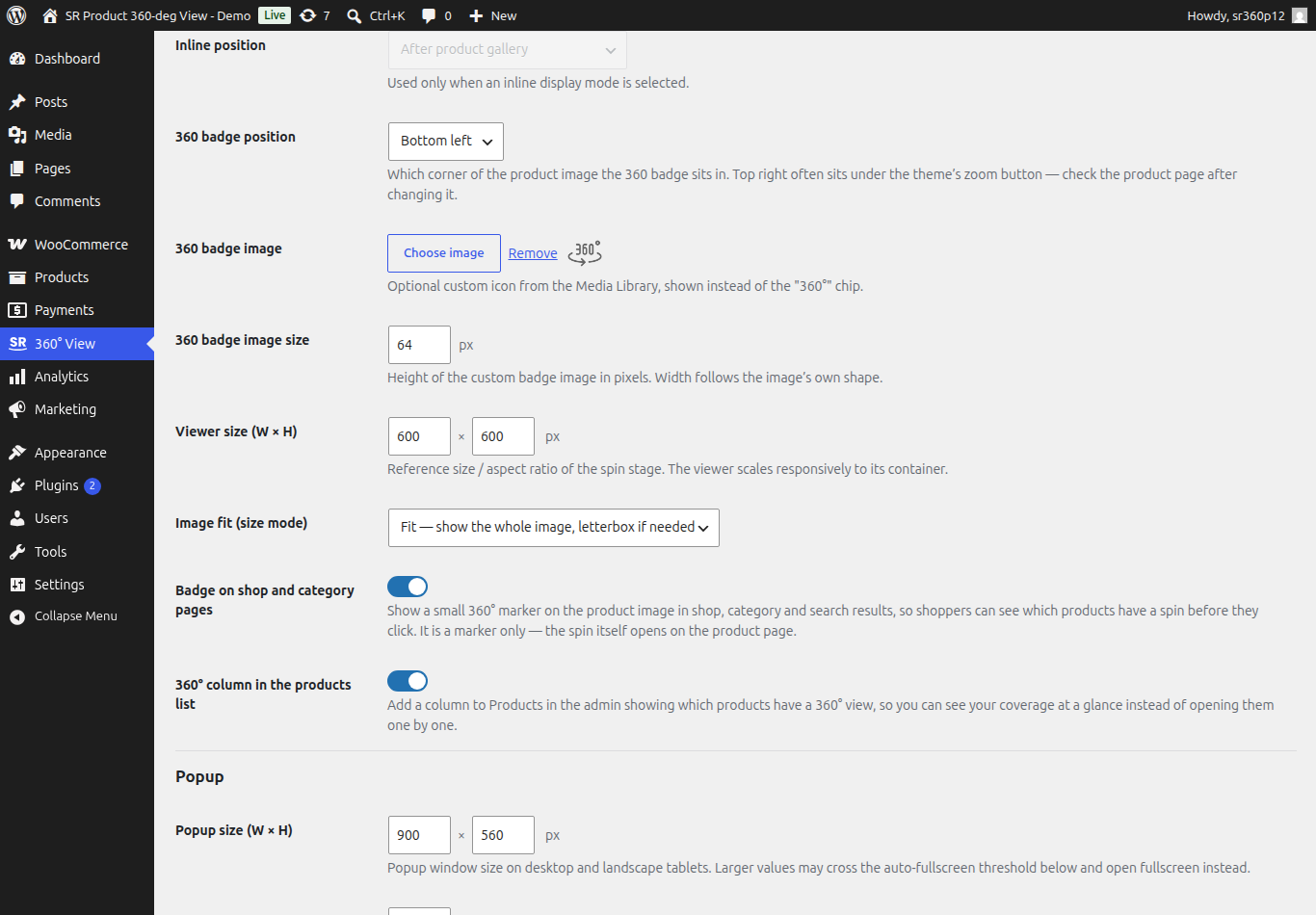 The Global Settings badge options, with a 360 icon selected as the badge image