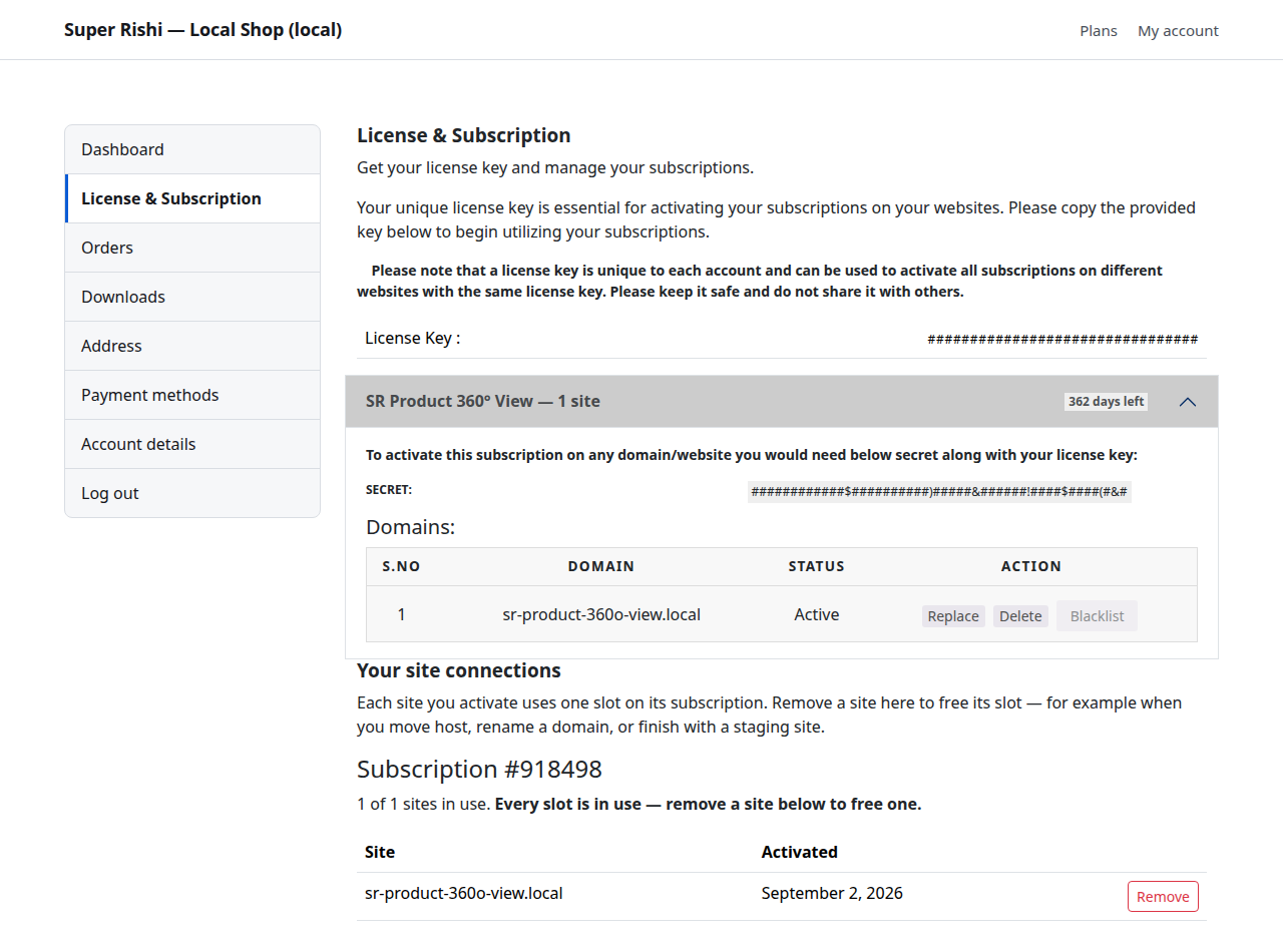 The License and Subscription page in My account, showing the licence key, the subscription's secret and the connected sites