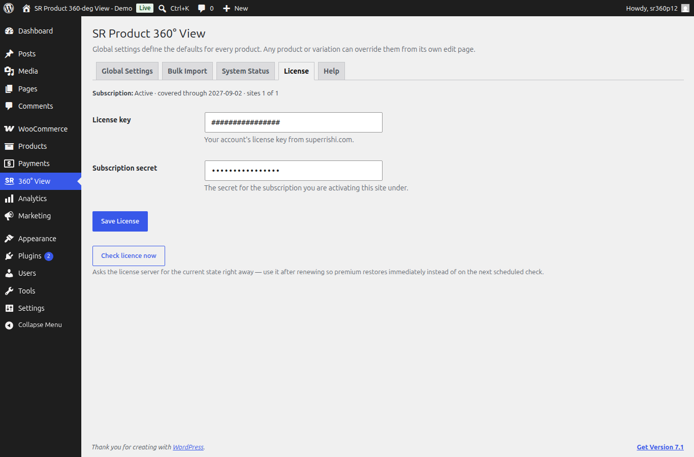 The plugin's License tab in wp-admin with fields for the licence key and secret and a Save License button