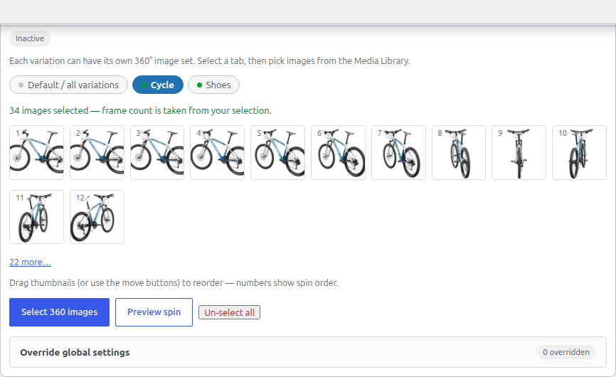 Variation chips at the top of the Product 360 View box, with the Cycle variation selected and its own frames
