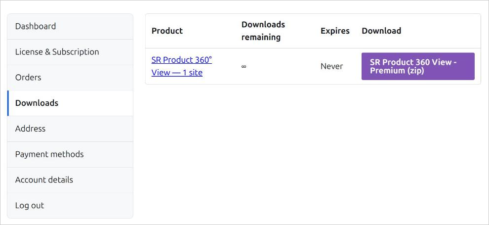 The Downloads page in My account on superrishi.com, listing the premium plugin file