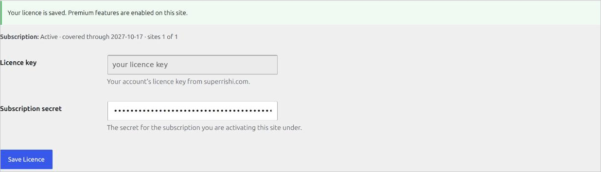 The License tab in wp-admin showing the licence active on this site