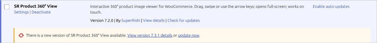 The Plugins page in wp-admin showing the SR Product 360° View row with the notice that a new version is available, with the View version details and update now links
